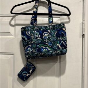 Vera Bradley 2 pcs. Blue and Green Tote with Matching Wristlet